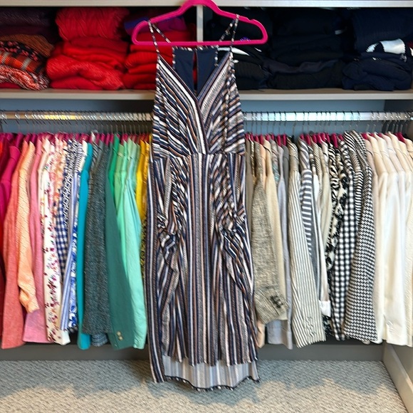 BCBGeneration blue/pink/mauve/brown striped sleeveless maxi dress size L - Picture 1 of 3